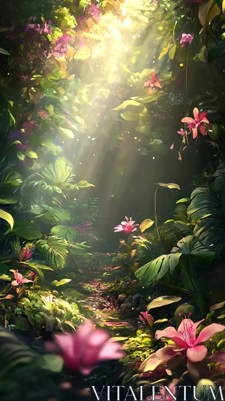 Sunlit forest path with dense foliage and pink flowers.