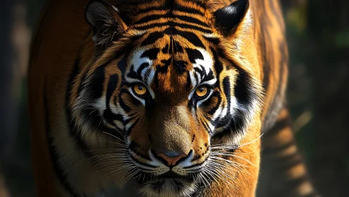 Golden-eyed tiger steps from shadow with calm, focused power