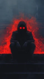 Mysterious hooded watcher rests amid glowing red smoke