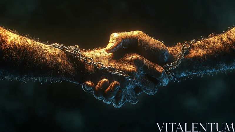 Bound handshake with chained, weathered hands in light.