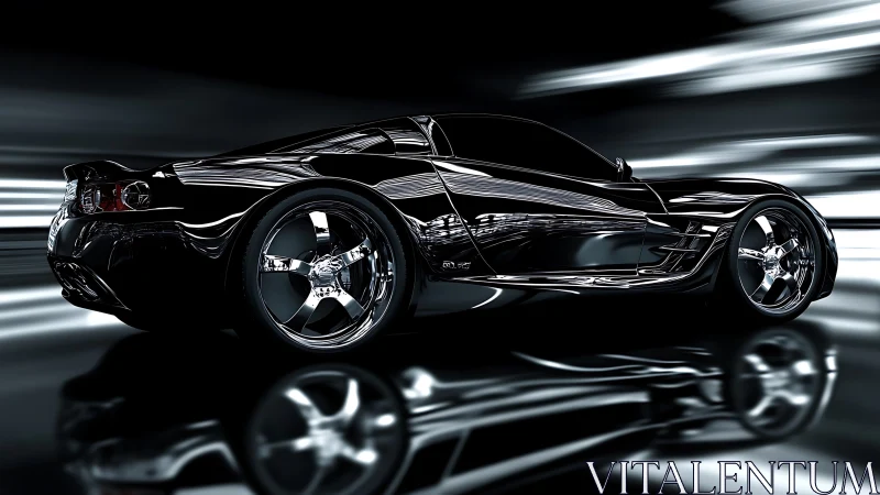 Black sports coupe in motion within blurred tunnel setting.