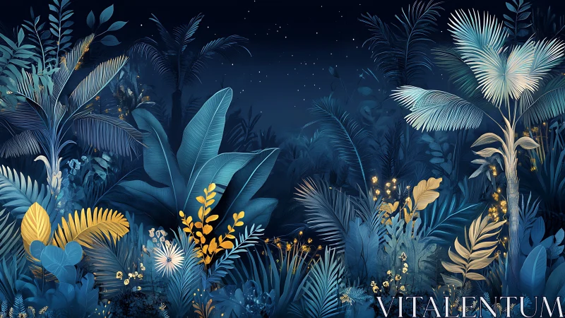 Luminous midnight jungle with stylized blue and gold foliage.