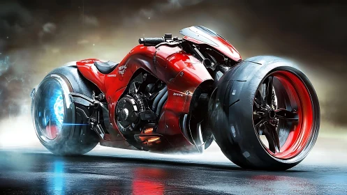 Futuristic red concept motorcycle with oversized rear wheel.