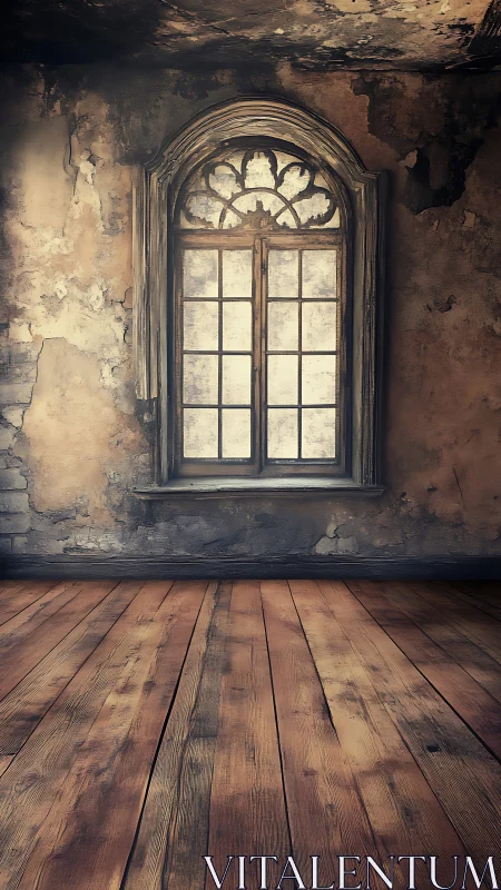 Weathered arched window in abandoned rustic interior room.