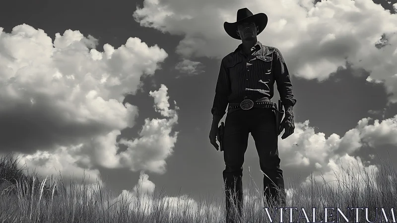 Silhouetted cowboy standing in field under clouded sky.