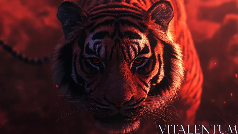 Cinematic tiger portrait in ember-red directional lighting.