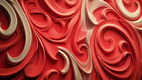 Curved red and beige relief forms create layered surface