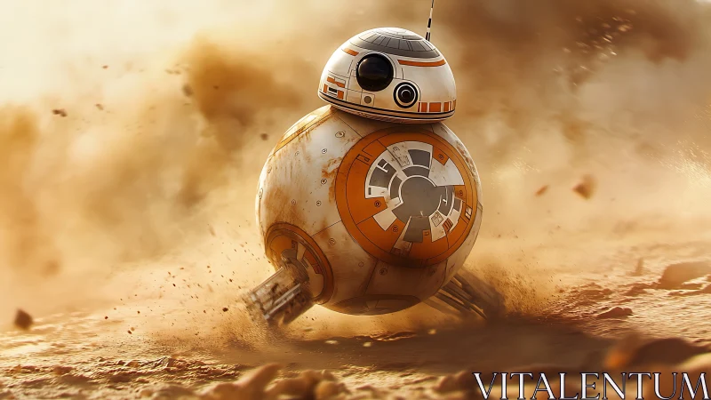 Playful rolling droid racing through a sunlit desert storm.