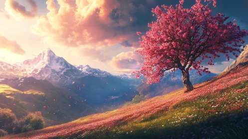 Blooming cherry tree crowns a glowing alpine valley at dusk.