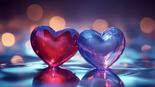 Dual heart-shaped glass orbs with volumetric red-blue luminescence and translucent optical refractio
