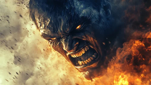 Demonic fiery humanoid face emerging from smoke and flame