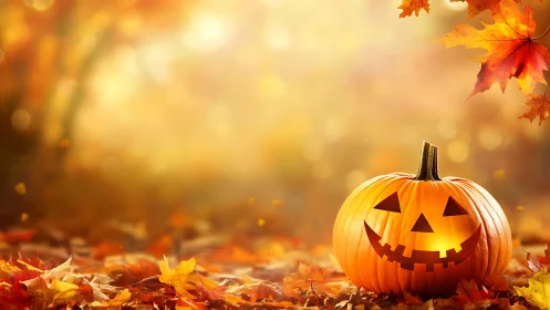 Glowing jack-o&rsquo;-lantern smiles amid dreamy golden autumn light