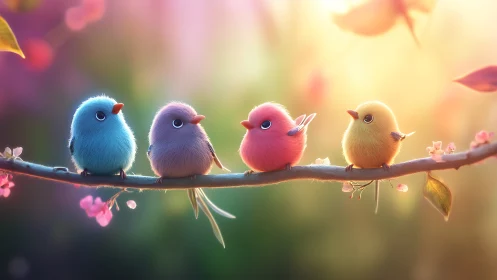 Four Cute Colorful Cartoon Birds on a Branch in Soft Pastel Light.