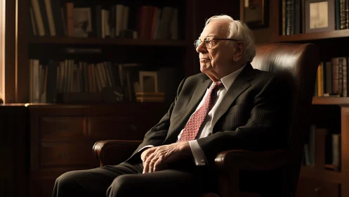 Elderly man in office chair beside bookcase, side-lit profile.