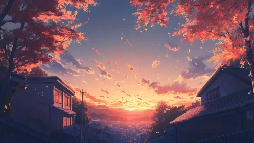 Golden autumn sunset over a quiet hilltop town street.