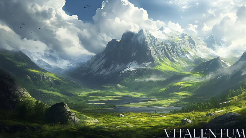 Sunlit alpine valley unfolds beneath towering emerald peaks