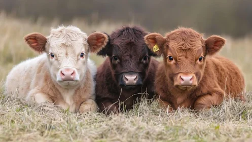 Three young calves rest closely aligned on grassy field