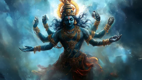 Blue multi-armed deity in swirling celestial space.