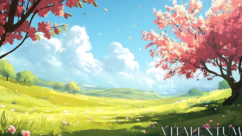 Sunlit spring meadow opens under soft clouds and blossoms