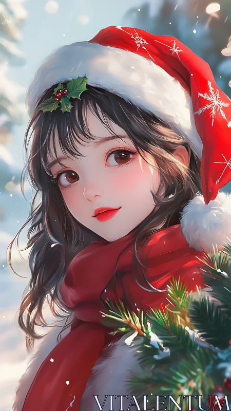 Girl in red Santa hat beside winter greenery outdoors.