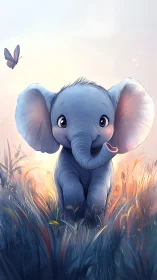 Curious baby elephant greets a sunrise meadow with wonder