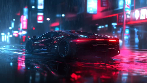 Sleek neon supercar cruising through a rainy night city.