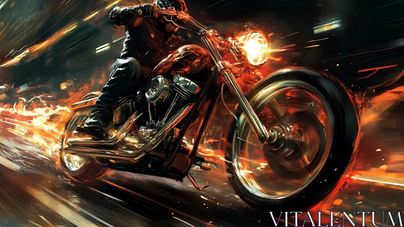 Motorcycle rider speeds through city in blazing motion.