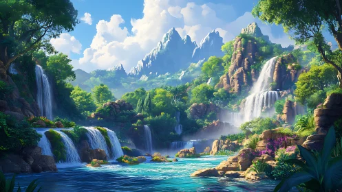 Waterfalls braid turquoise light through a secret valley