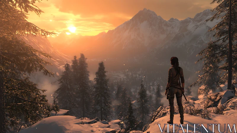 Adventurous hiker greeting a glowing winter sunrise view.