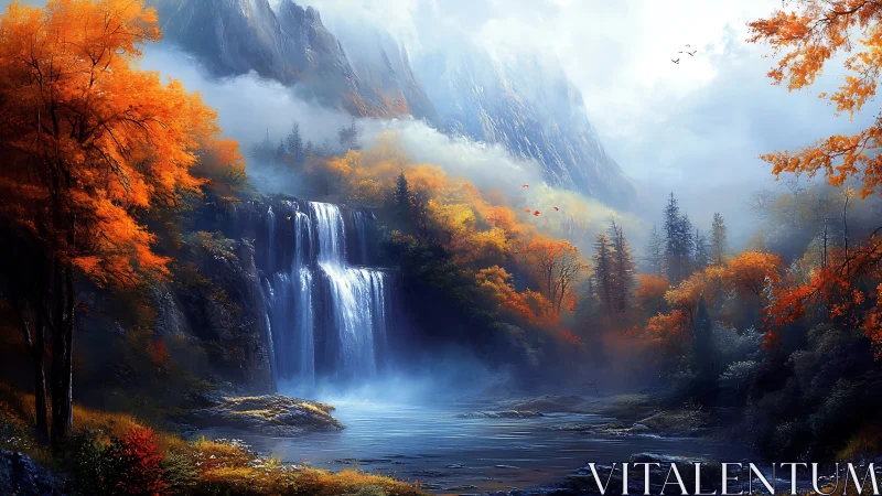 Waterfall flows through misty autumn forest below mountains