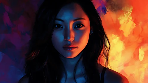 Portrait bathed in dual-tone blue and ember light glow.