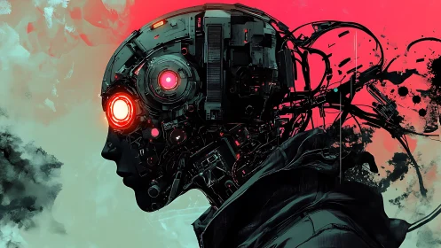 Cybernetic profile portrait with neon circuitry and glow.