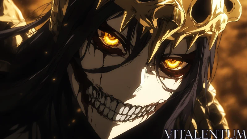 Anime close-up of skeletal crowned villain with blazing eyes.