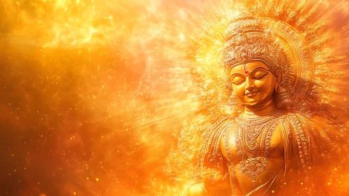Radiant golden deity statue glows within intense cosmic light
