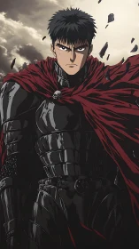 Armored male figure stands under overcast sky with debris