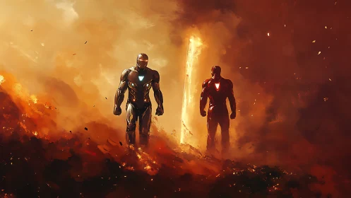 Steel guardians stride through firelit sci‑fi wasteland.