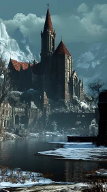 Gothic mountain cathedral above frozen river in winter.