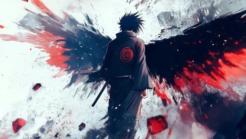 Dark cloaked warrior stands amid erupting abstract wings