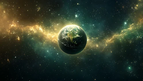 Earth drifts like a lone lantern along a molten starlit river