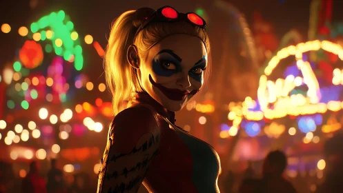 Female jester figure stands in neon-lit carnival environment