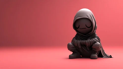Hooded cartoon figure crouches alone on smooth pink floor