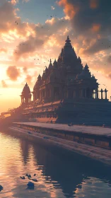 Sunlit riverside temple rendered in atmospheric digital painting