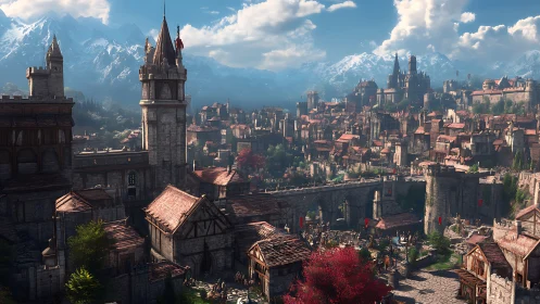 Sunlit mountain kingdom sprawls beneath watchful castle towers.