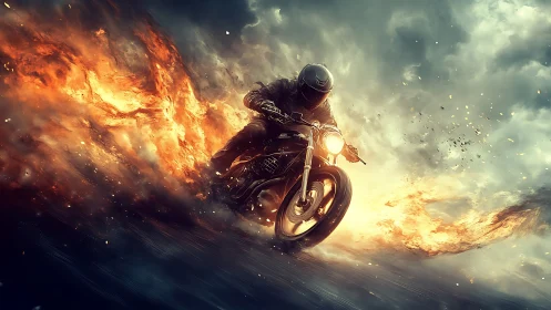 Fire-taming rider cuts through stormlight on a blazing road