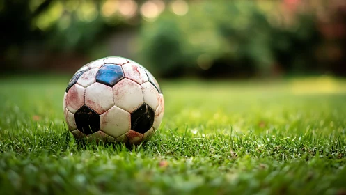 Worn black and white soccer ball on short green grass field.