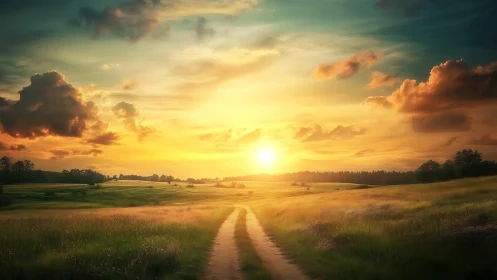 Sunlit country trail wandering into a golden horizon dreamscape.