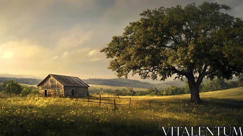 Sunlit country cabin rests beneath a vast protective oak