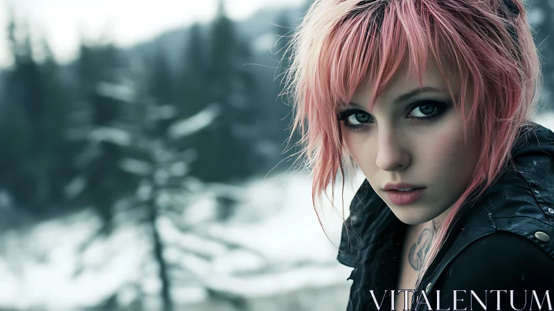 Pink haired woman in black jacket against snowy forest.