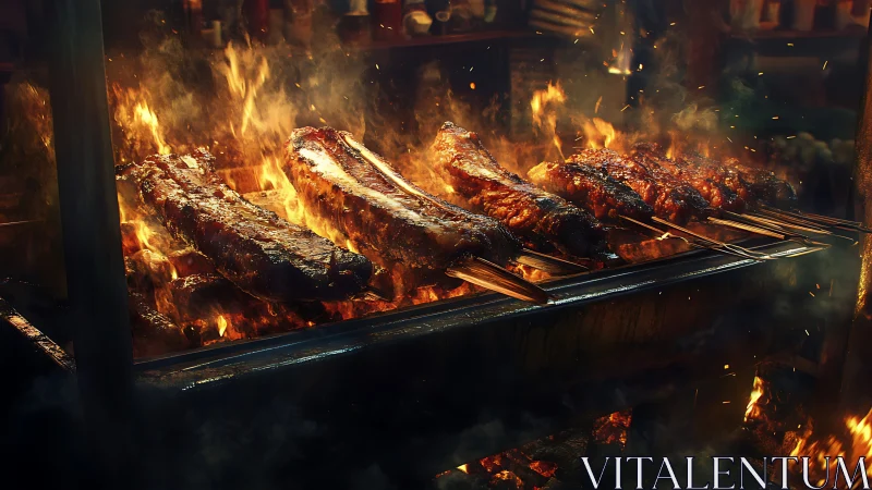 Embers kiss barbecue ribs in a roaring night-fire symphony.