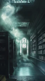 Dark gothic library corridor with eerie green mist.